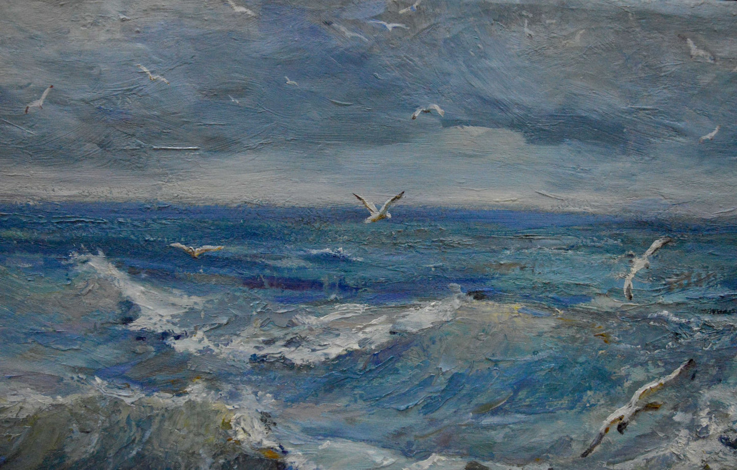 Oil painting Raging sea by Bakaev Sergey Ivanovich, turbulent waves and seagulls