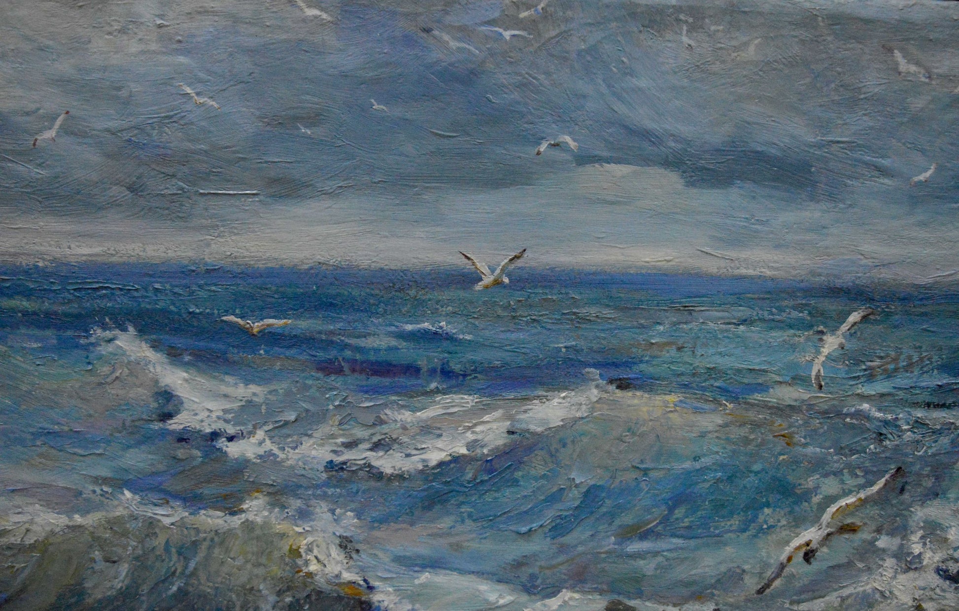 Oil painting Raging sea by Bakaev Sergey Ivanovich, turbulent waves and seagulls