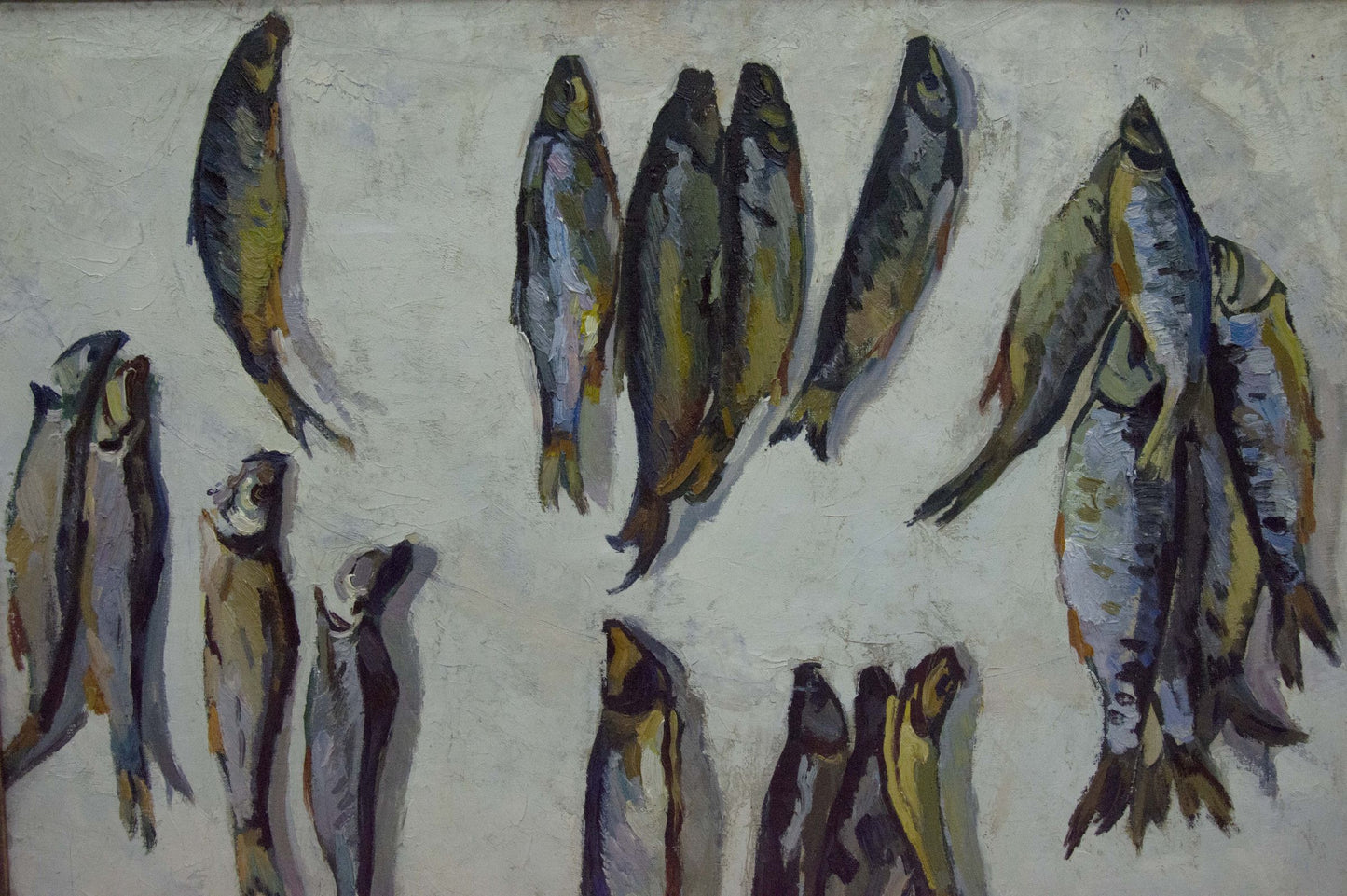 Oil painting Fish by Pavlov Eduard Evgenievich, gray blue fish on textured canvas