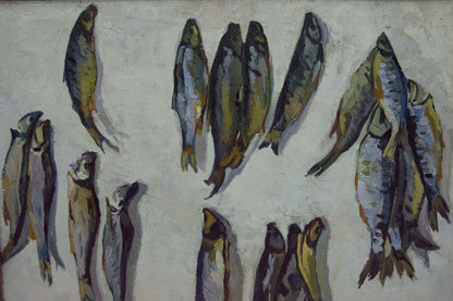 Oil painting Fish by Pavlov Eduard Evgenievich, gray blue fish on textured canvas