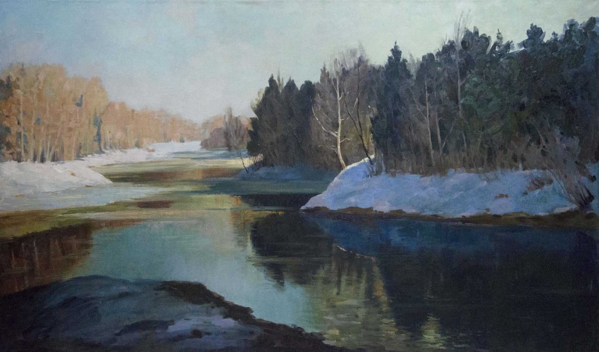 Serene winter river oil painting by Smirnov Mikhail Sergeevich