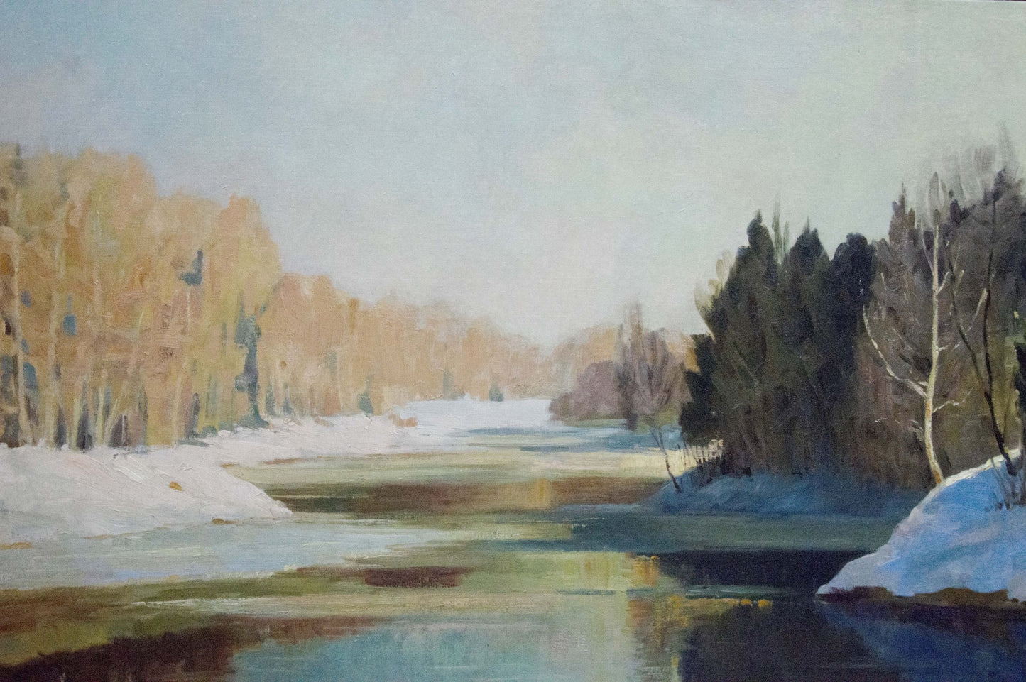 Serene winter river oil painting by Smirnov Mikhail Sergeevich