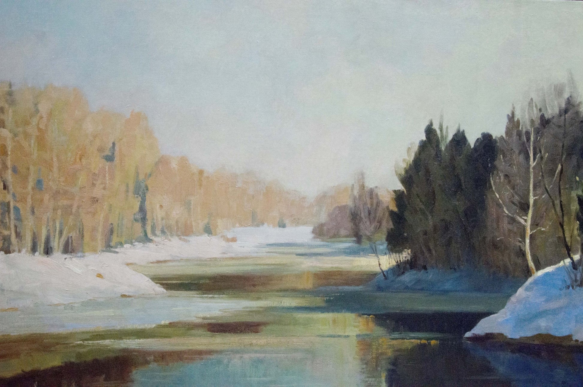 Serene winter river oil painting by Smirnov Mikhail Sergeevich