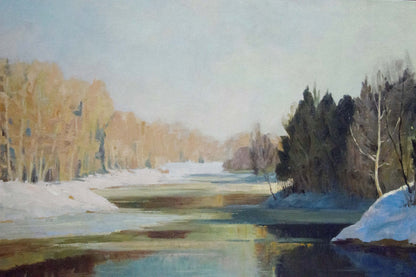 Serene winter river oil painting by Smirnov Mikhail Sergeevich
