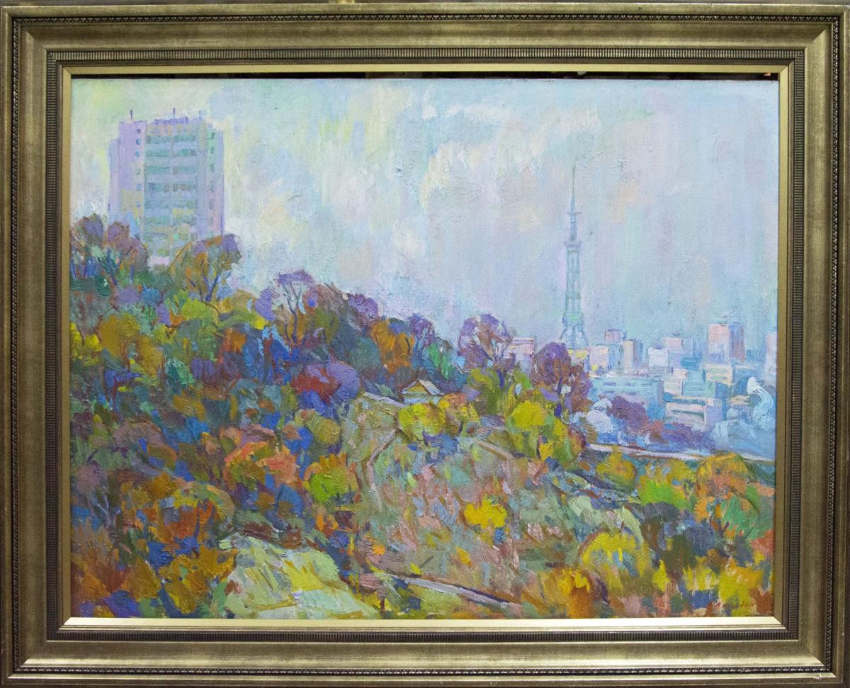 Oil painting by Chegodar Vasily Dmitrievich: vibrant autumn city landscape in ornate gold frame