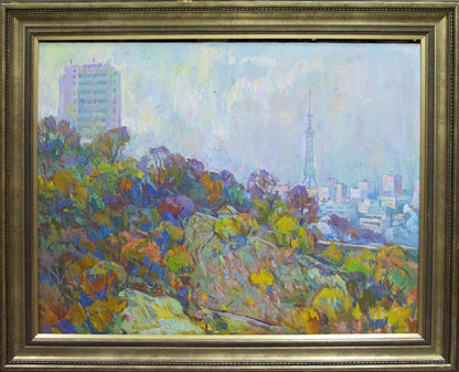 Oil painting by Chegodar Vasily Dmitrievich: vibrant autumn city landscape in ornate gold frame