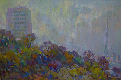 Vibrant impressionistic oil painting by Chegodar Vasily Dmitrievich: city view with tower amid autumn trees