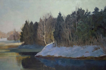 Oil painting of serene winter river landscape by Smirnov Mikhail Sergeevich