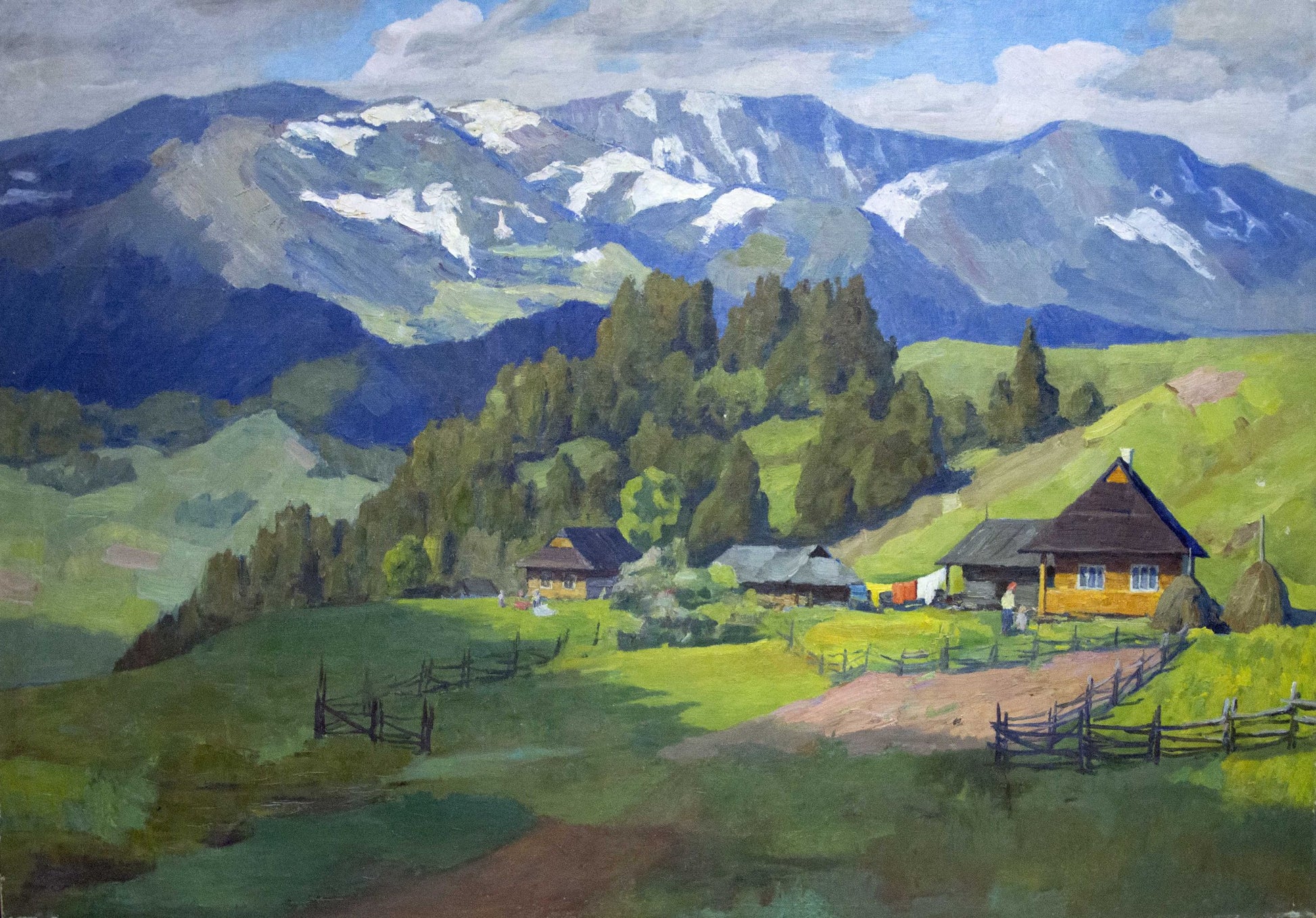 Oil painting by Potapenko Andrey Ilyich: rustic house amid green hills, snowy mountains