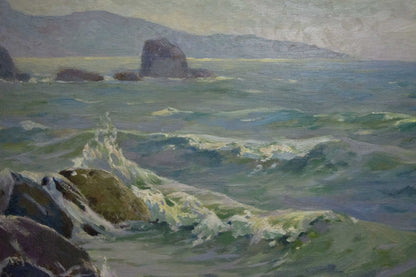 Oil painting Raging sea by Livshits Chaim Moiseevich, turbulent green waves on rocks