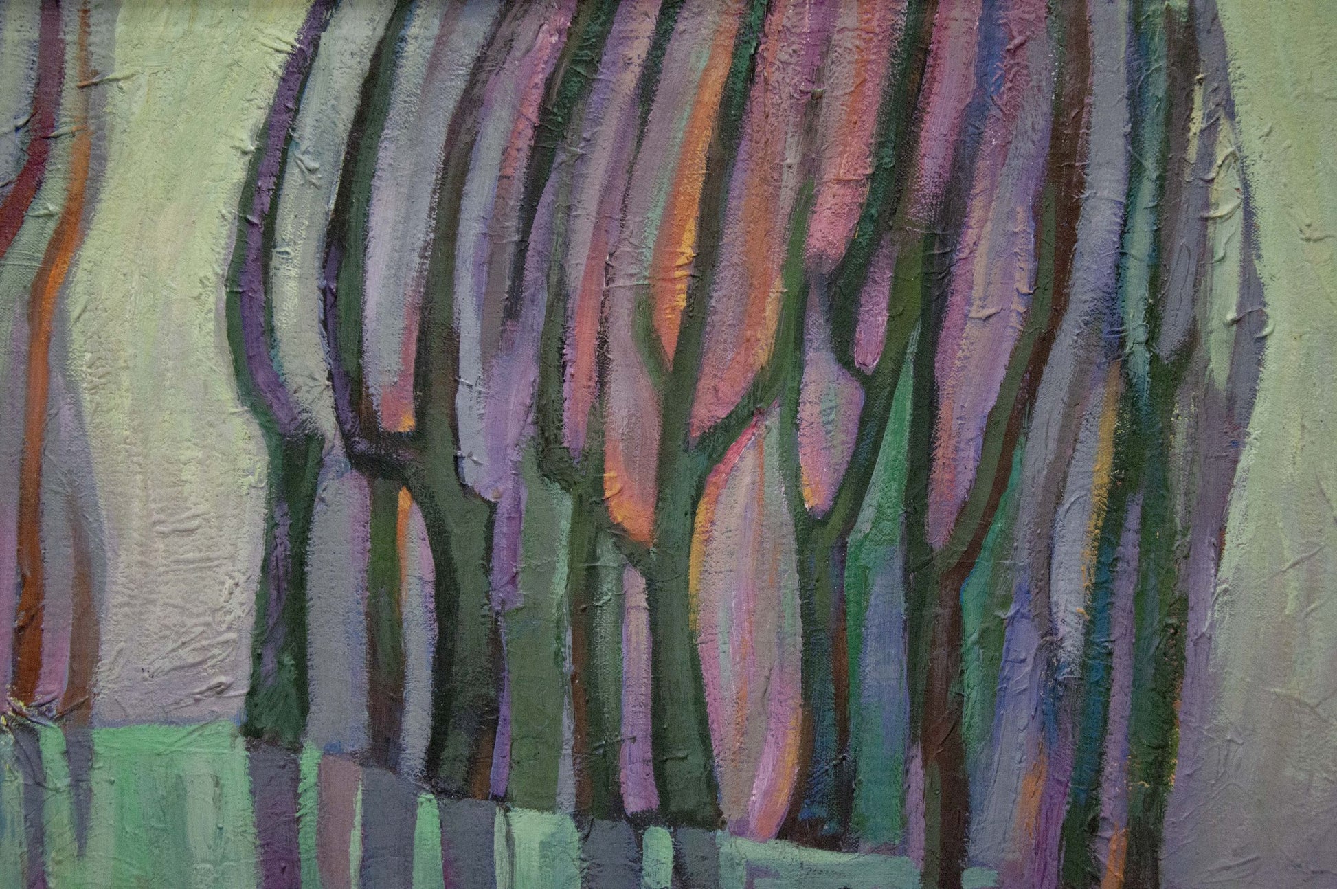 Tempera painting November by Khvedchuk Leonid Vladimirovich, textured abstract with purple green pink vertical brushstrokes