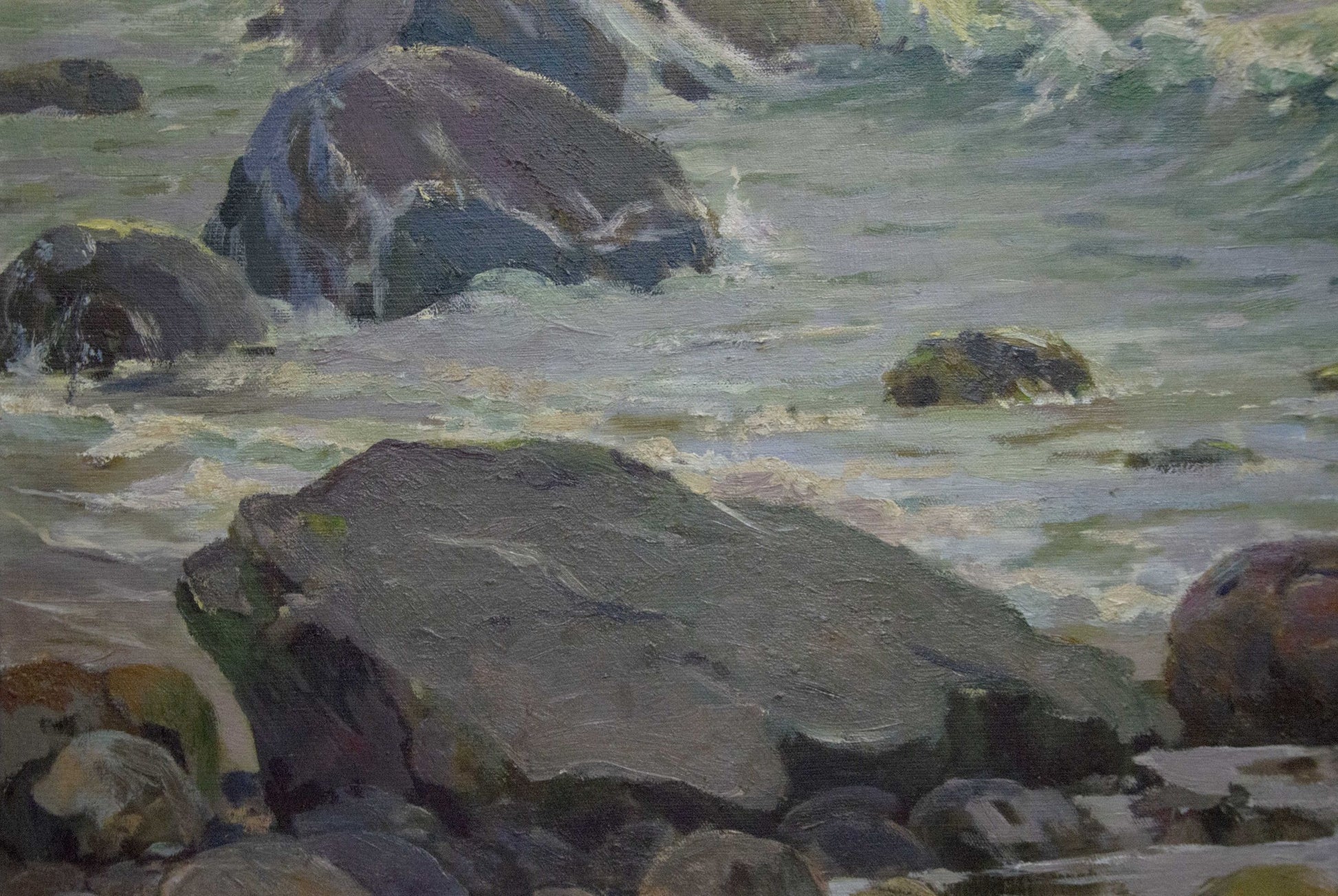 Oil painting of rugged gray stone in raging sea by Livshits Chaim Moiseevich