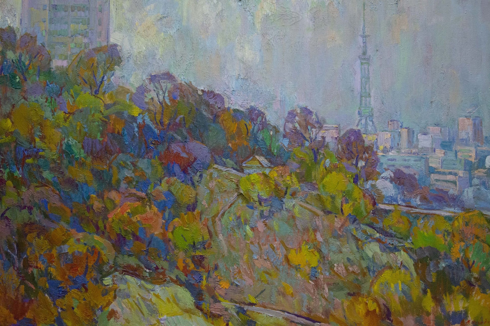 Vibrant impressionist oil painting by Chegodar Vasily Dmitrievich: autumn cityscape