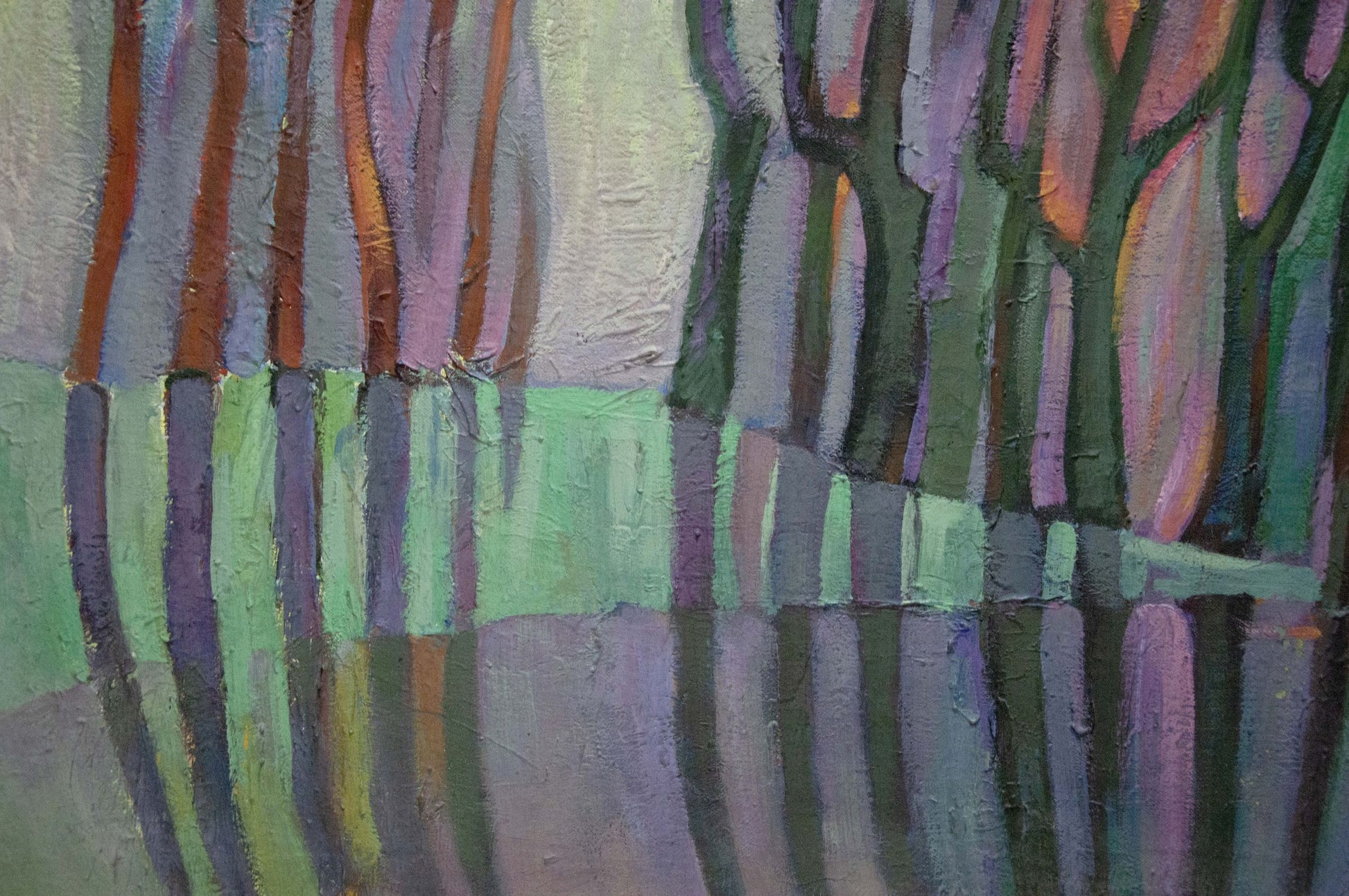 Tempera painting November by Khvedchuk Leonid Vladimirovich, textured abstract with vertical brushstrokes in muted purples, greens, grays, hints of orange, pink