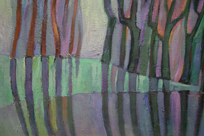 Tempera painting November by Khvedchuk Leonid Vladimirovich, textured abstract with vertical brushstrokes in muted purples, greens, grays, hints of orange, pink