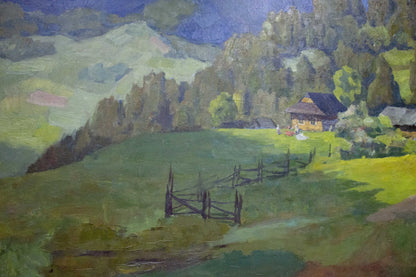 Oil painting of rustic wooden cabin in green hills by Potapenko Andrey Ilyich