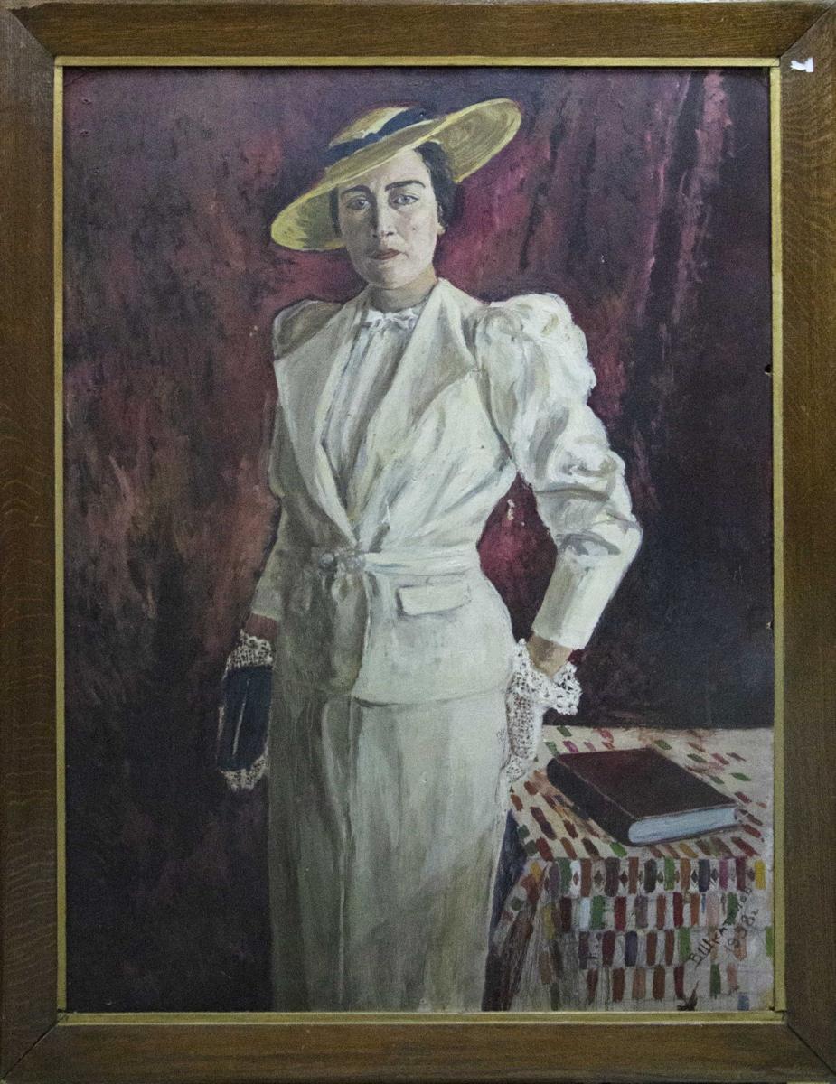Oil painting of woman in suit and hat by Vladimir Shkatelov