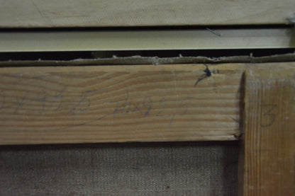 Back of Chegodar Vasily Dmitrievich oil painting: weathered wooden beam with grain, handwritten numbers, nail
