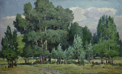 Impressionistic oil painting of lush forest walk with green foliage and mountains