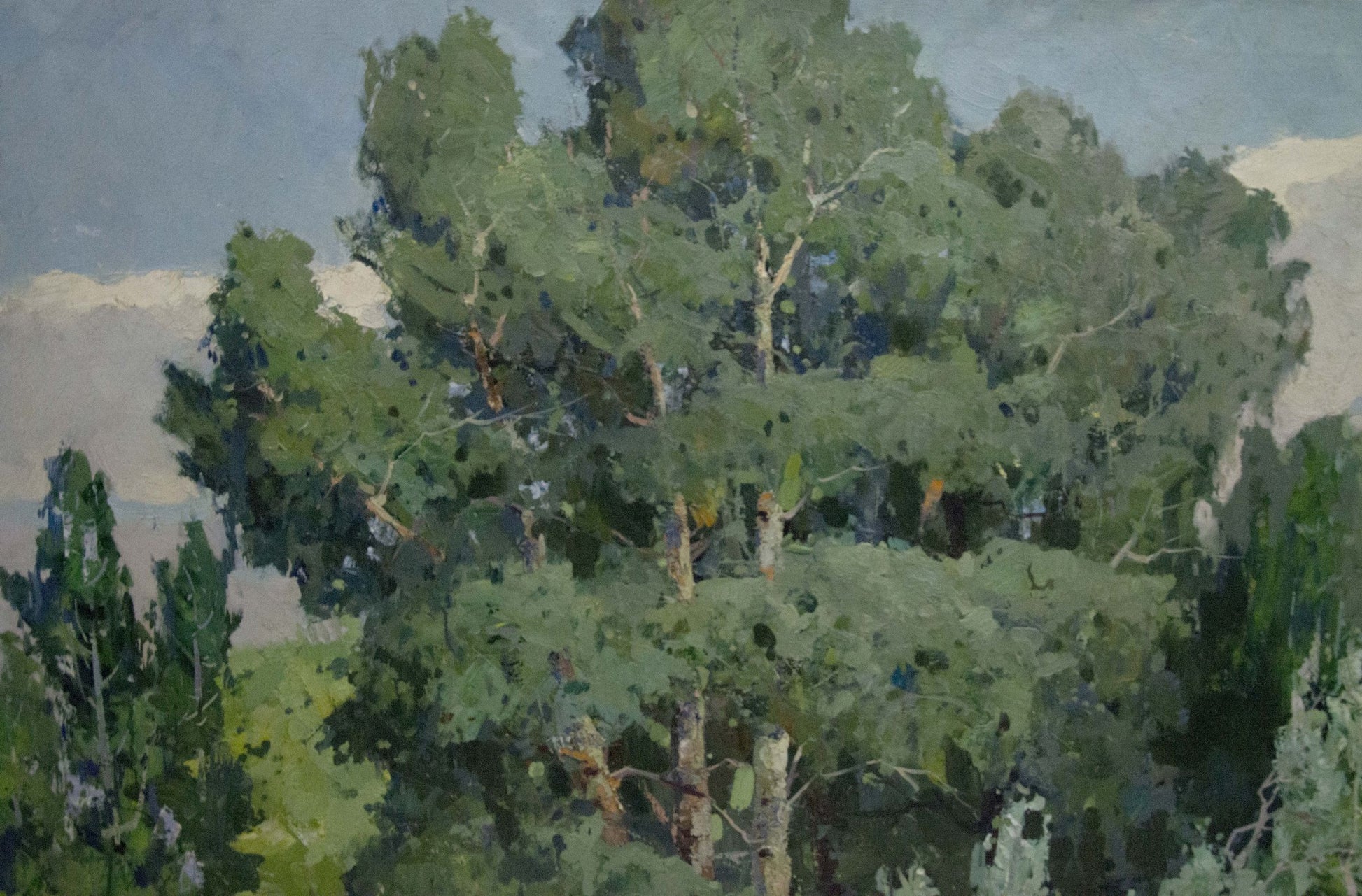Impressionistic oil painting of lush forest walk through dense green woods