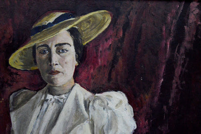 Oil painting of woman in yellow hat and blouse by Vladimir Shkatelov