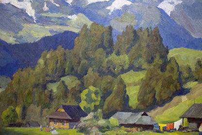 Oil painting by Potapenko Andrey Ilyich: rustic wooden house amid trees, hills, snowy mountains