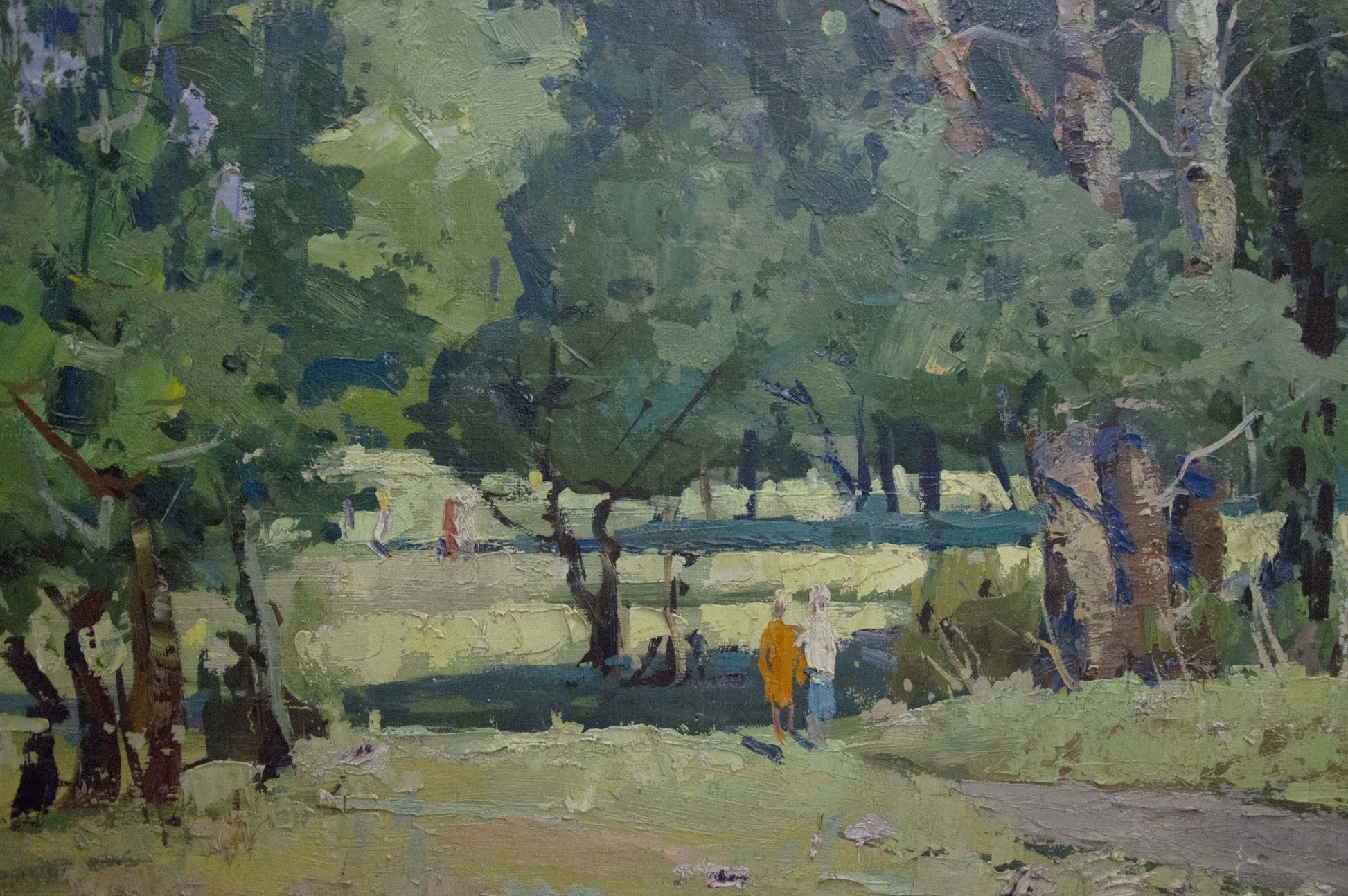 Vibrant impressionistic oil painting of sunlit forest path Walk through the woods