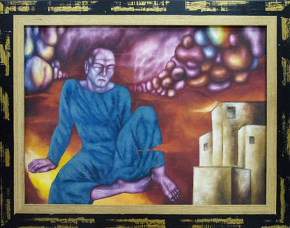 Framed Abstract oil painting Red time by Maksimov Sergey with blue robed figure