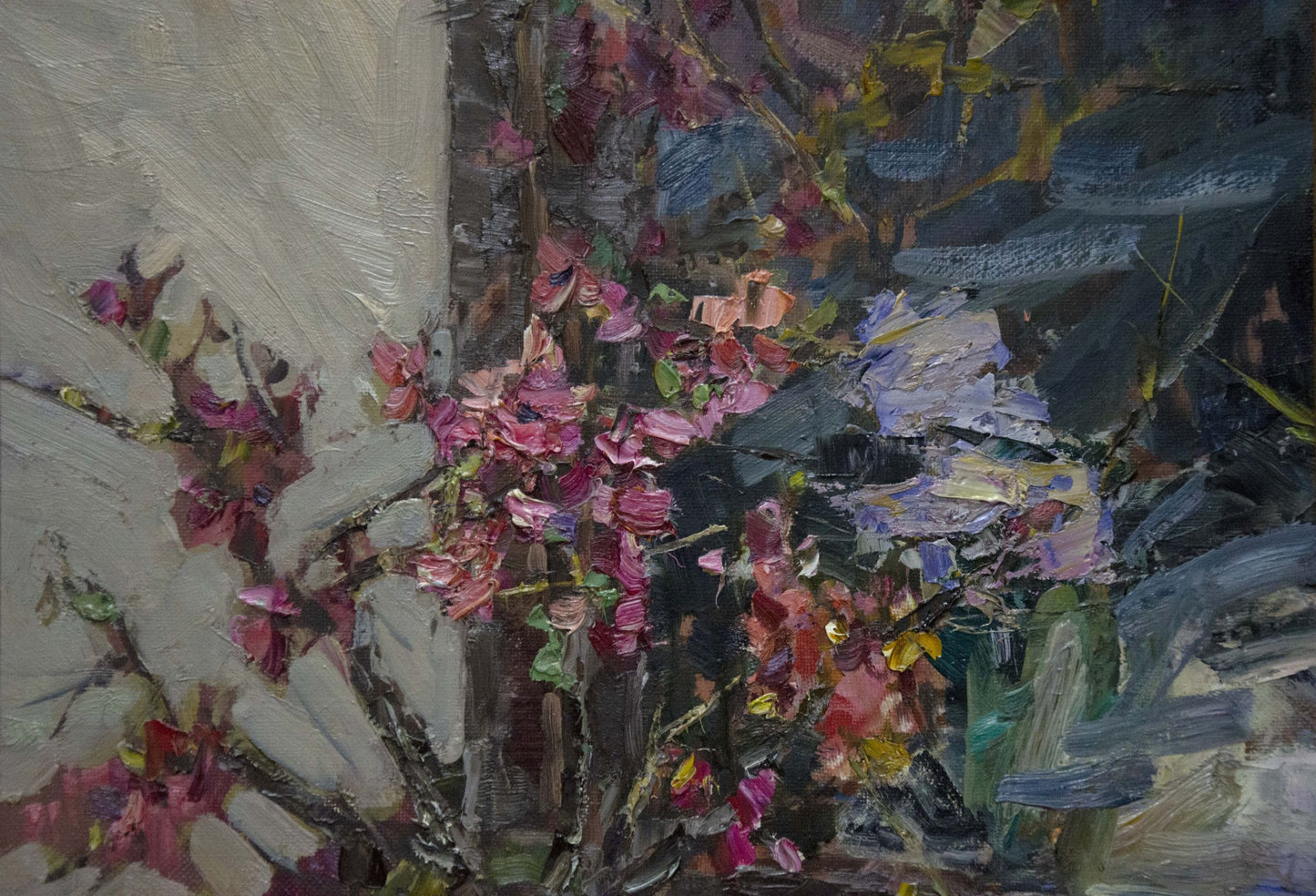 Vibrant impressionistic oil painting of pink purple flowers by Evgeny Ryman