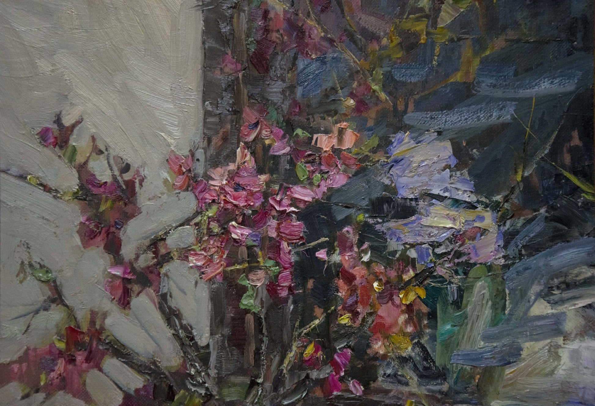 Vibrant impressionistic oil painting of pink purple flowers by Evgeny Ryman