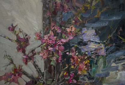 Vibrant impressionistic oil painting of pink purple flowers by Evgeny Ryman