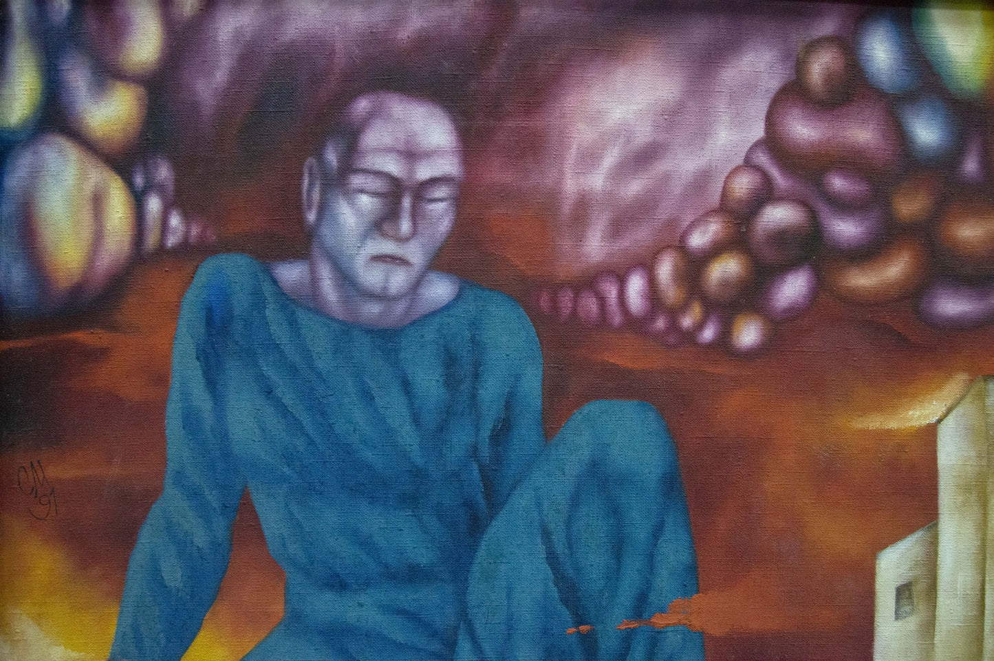 Abstract oil painting Red time by Maksimov Sergey, teal-robed figure