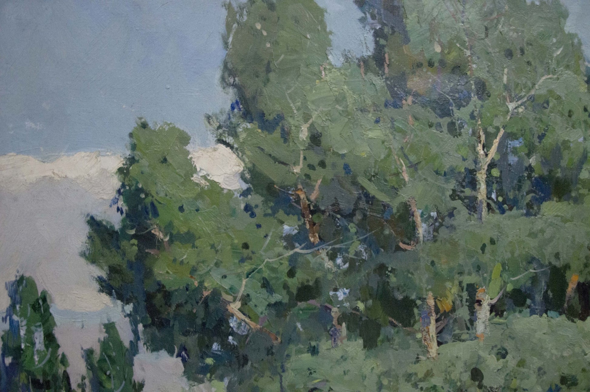 Textured impressionist oil painting of dense green trees in Walk through the woods