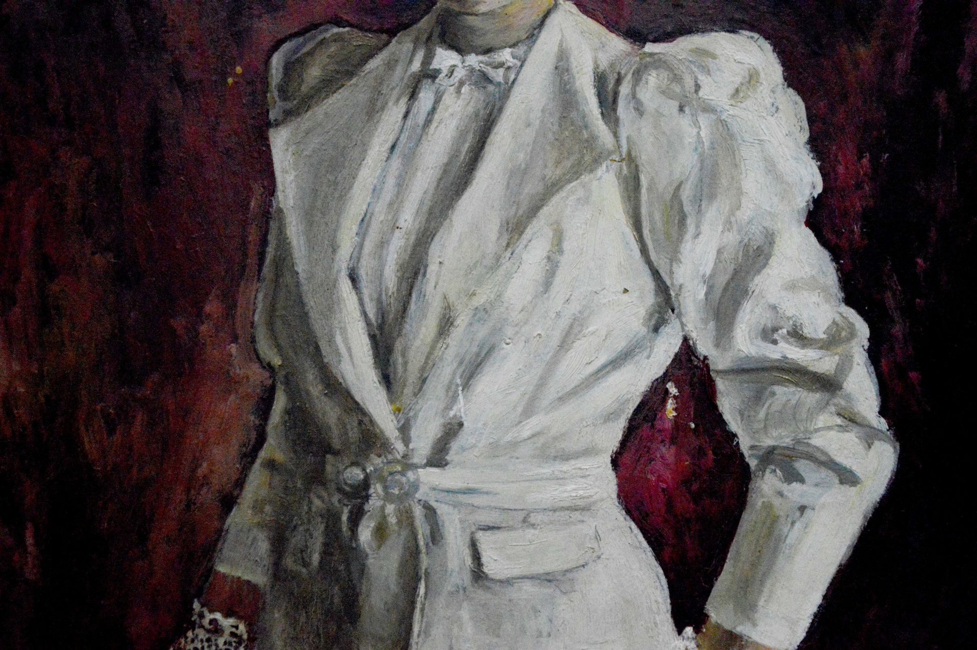 Oil painting of Vladimir Shkatelov woman portrait in white puffed-sleeve belted coat with lace collar cuffs
