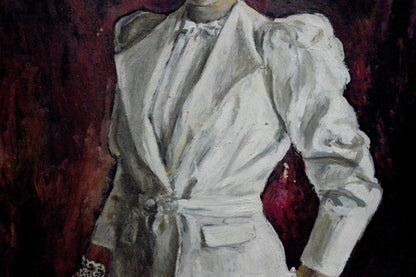 Oil painting of Vladimir Shkatelov woman portrait in white puffed-sleeve belted coat with lace collar cuffs