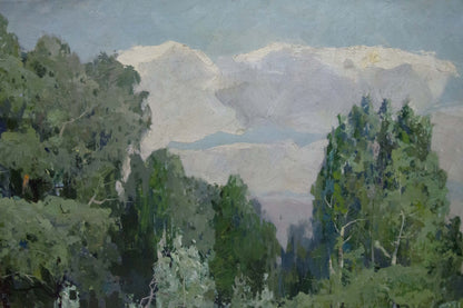 Serene impressionistic oil painting Walk through the woods with lush green trees and misty mountains