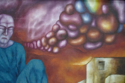 Abstract oil painting Red time Maksimov Sergey with teal-robed figure and colorful spheres