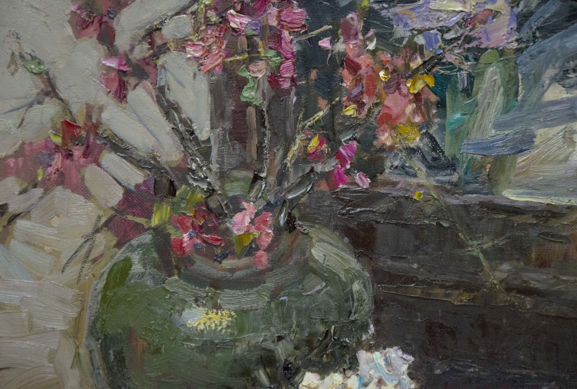 Oil painting Still life by the night window Evgeny Ryman with green textured ceramic vase and pink red blossoms
