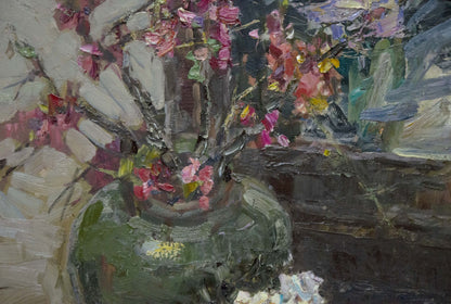 Oil painting Still life by the night window Evgeny Ryman with green textured ceramic vase and pink red blossoms