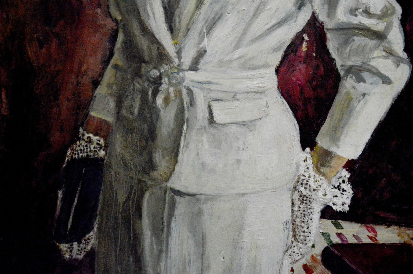 Oil painting of woman portrait in white textured robe by Vladimir Shkatelov