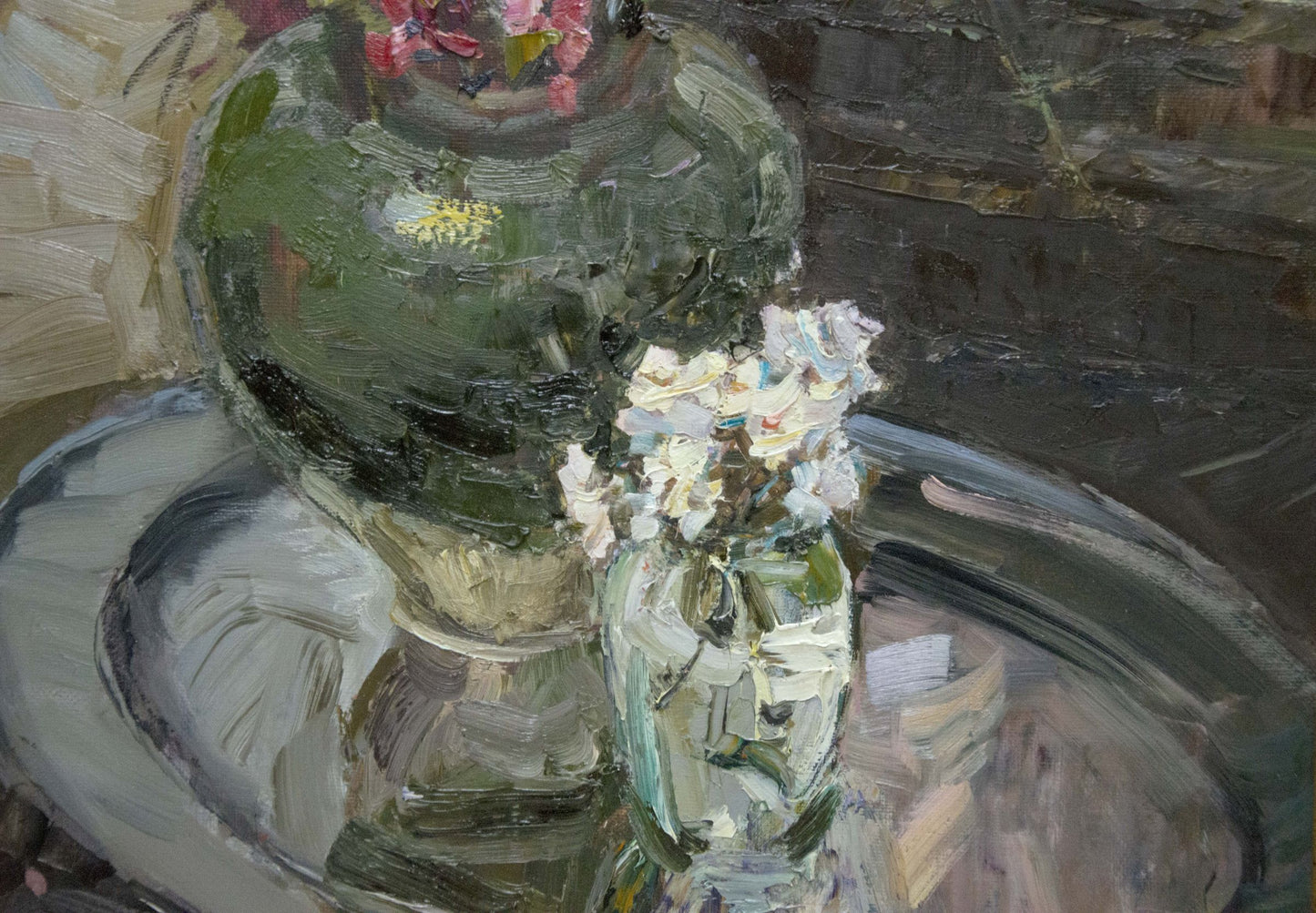 Oil painting Still life by the night window Evgeny Ryman with green vase and white flowers