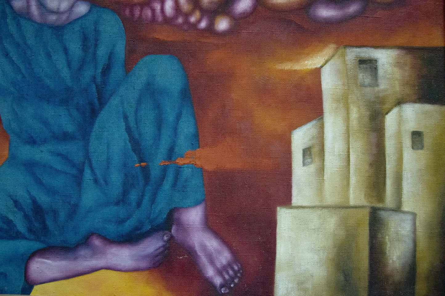 Abstract Red time oil painting by Maksimov Sergey, teal-robed figure by stone buildings