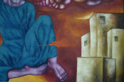 Abstract Red time oil painting by Maksimov Sergey, teal-robed figure by stone buildings