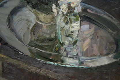 Oil painting of translucent glass vase with white flowers by Evgeny Ryman
