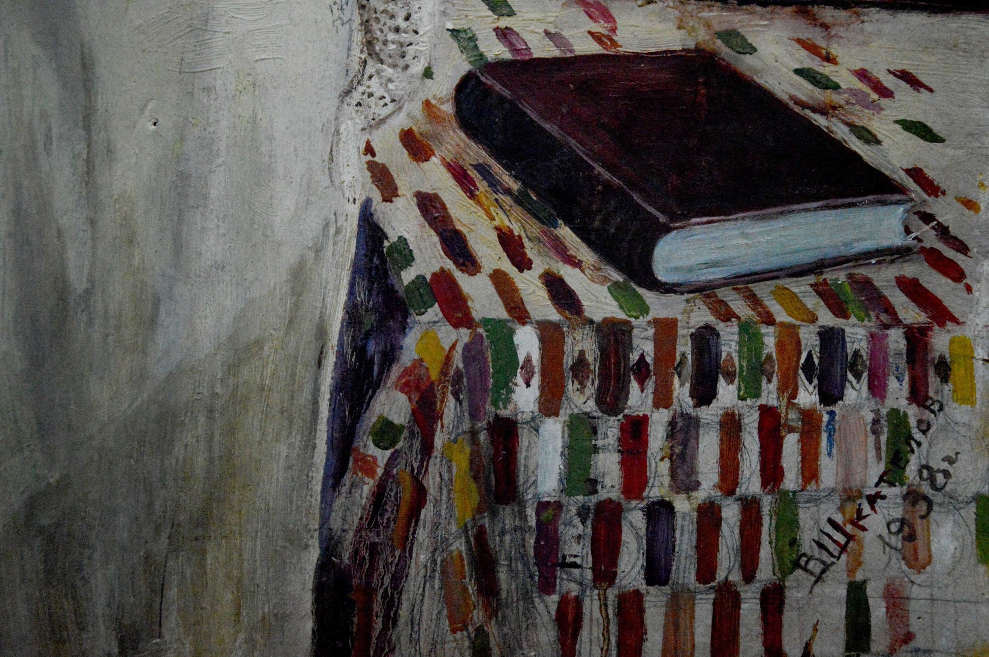 Oil painting Woman portrait by Vladimir Shkatelov hardcover book on colorful tablecloth