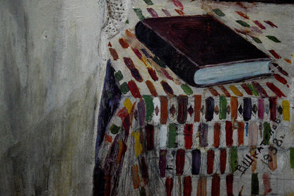 Oil painting Woman portrait by Vladimir Shkatelov hardcover book on colorful tablecloth