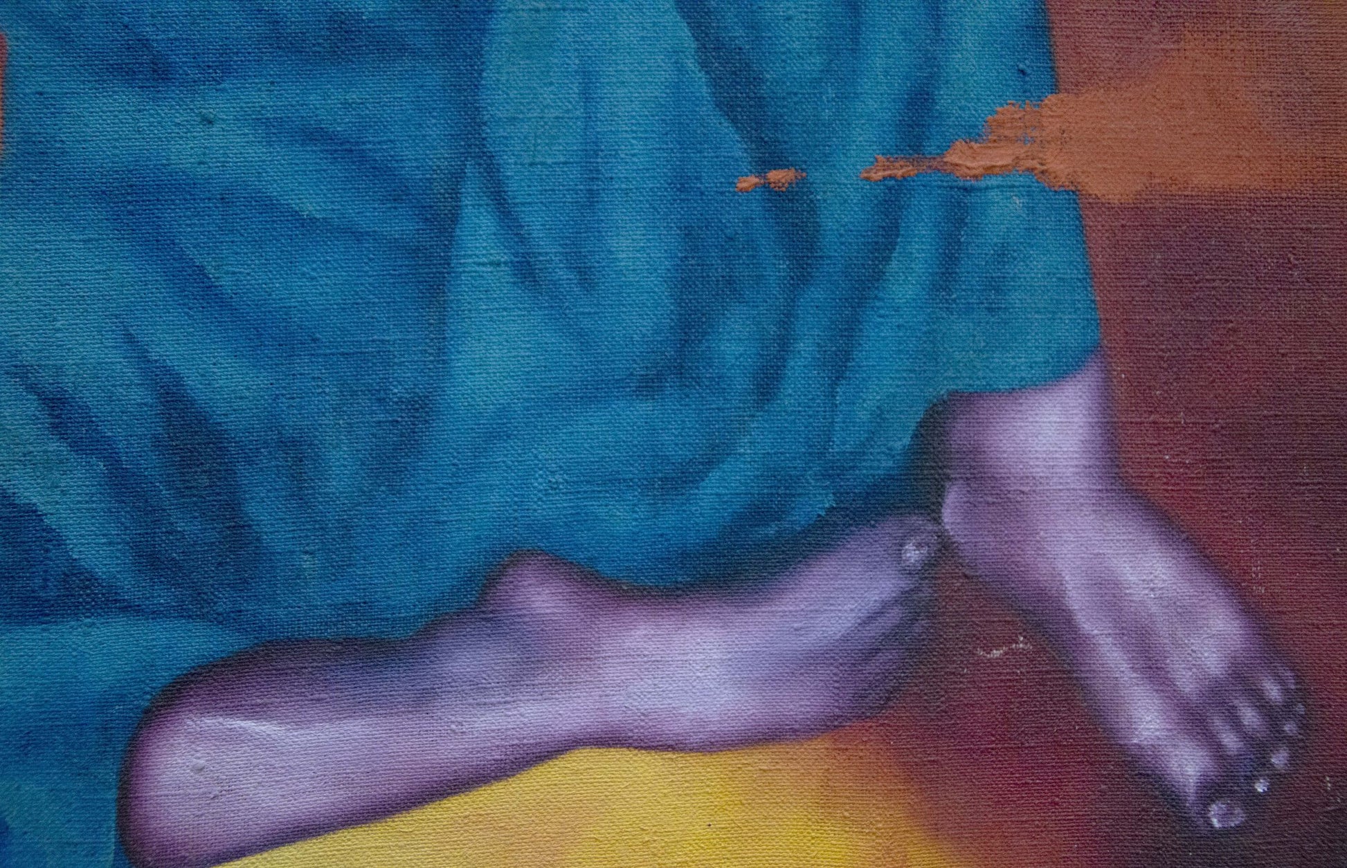 Abstract oil painting Red time by Maksimov Sergey: bare feet under teal fabric