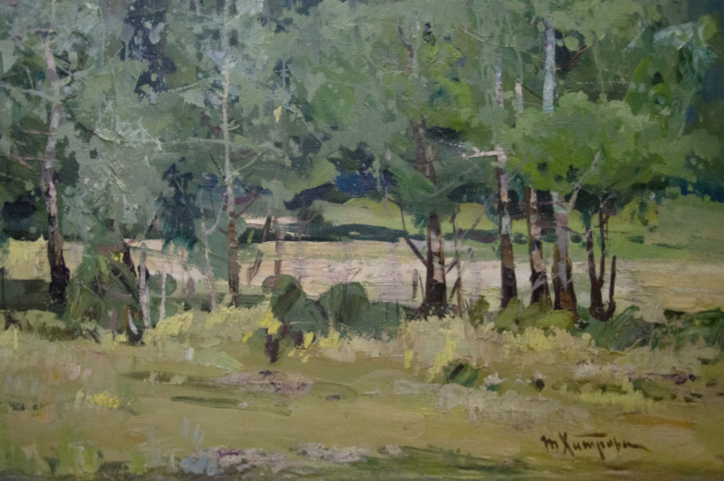 Oil painting Walk through the woods: impressionistic birch trees in sunlit meadow
