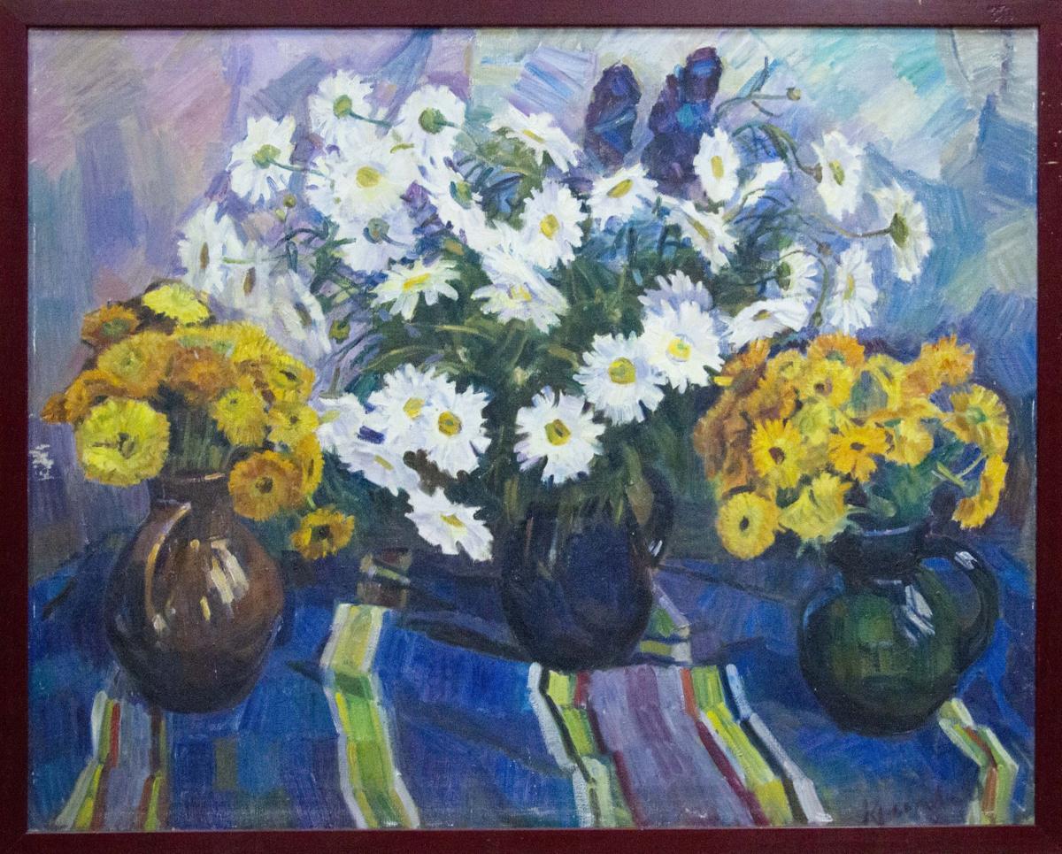 Oil painting Flowers Krymov O. with brown, blue, green vases of daisies, marigolds