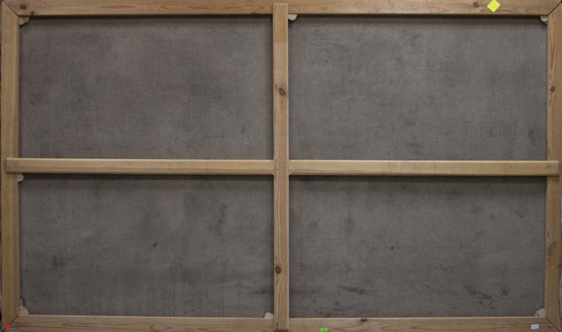 Back of Oil painting Walk through the woods framed canvas with light wood stretcher bars and gray fabric panels